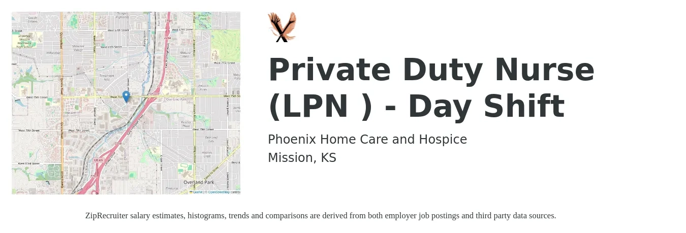 Phoenix Home Care and Hospice job posting for a Private Duty Nurse (LPN ) - Day Shift in Mission, KS with a salary of $23 to $31 Hourly with a map of Mission location.