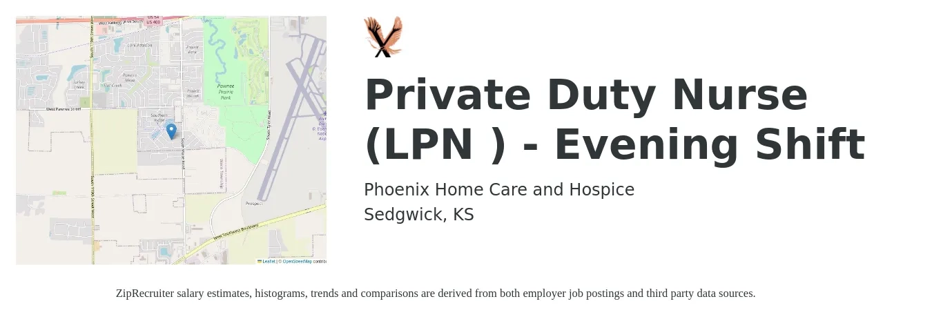 Phoenix Home Care and Hospice job posting for a Private Duty Nurse (LPN ) - Evening Shift in Sedgwick, KS with a salary of $23 to $31 Hourly with a map of Sedgwick location.