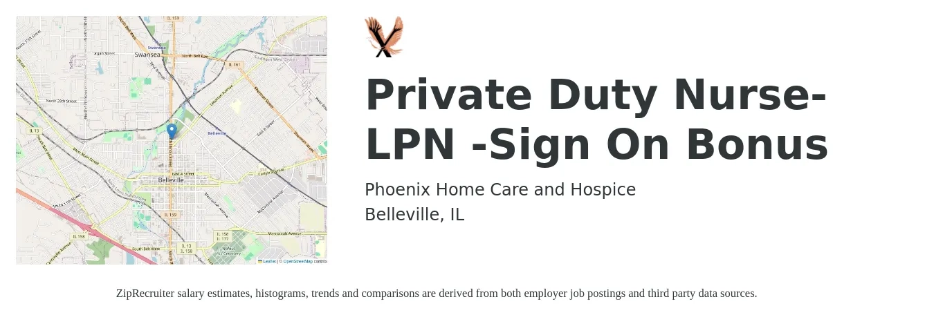 Phoenix Home Care and Hospice job posting for a Private Duty Nurse- LPN -Sign On Bonus in Belleville, IL with a salary of $24 to $32 Hourly with a map of Belleville location.