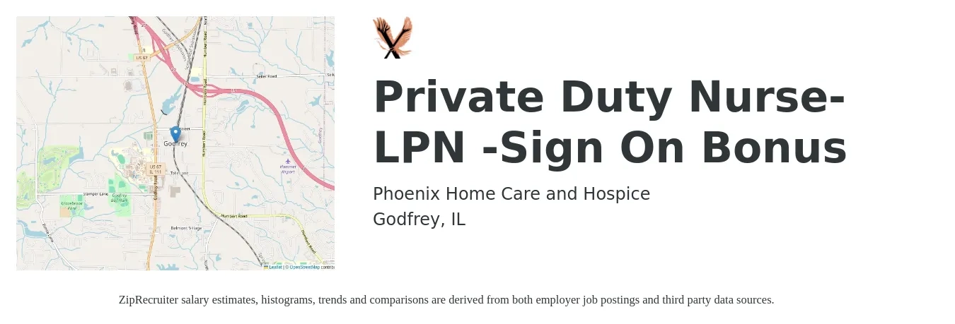 Phoenix Home Care and Hospice job posting for a Private Duty Nurse-LPN -Sign On Bonus in Godfrey, IL with a salary of $23 to $30 Hourly with a map of Godfrey location.