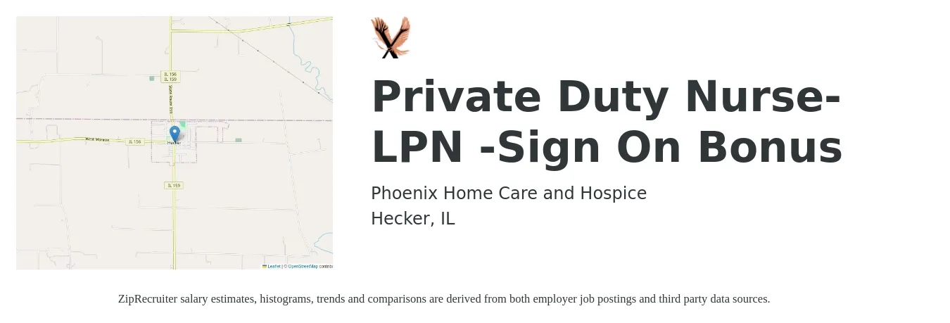 Phoenix Home Care and Hospice job posting for a Private Duty Nurse- LPN -Sign On Bonus in Hecker, IL with a salary of $23 to $30 Hourly with a map of Hecker location.