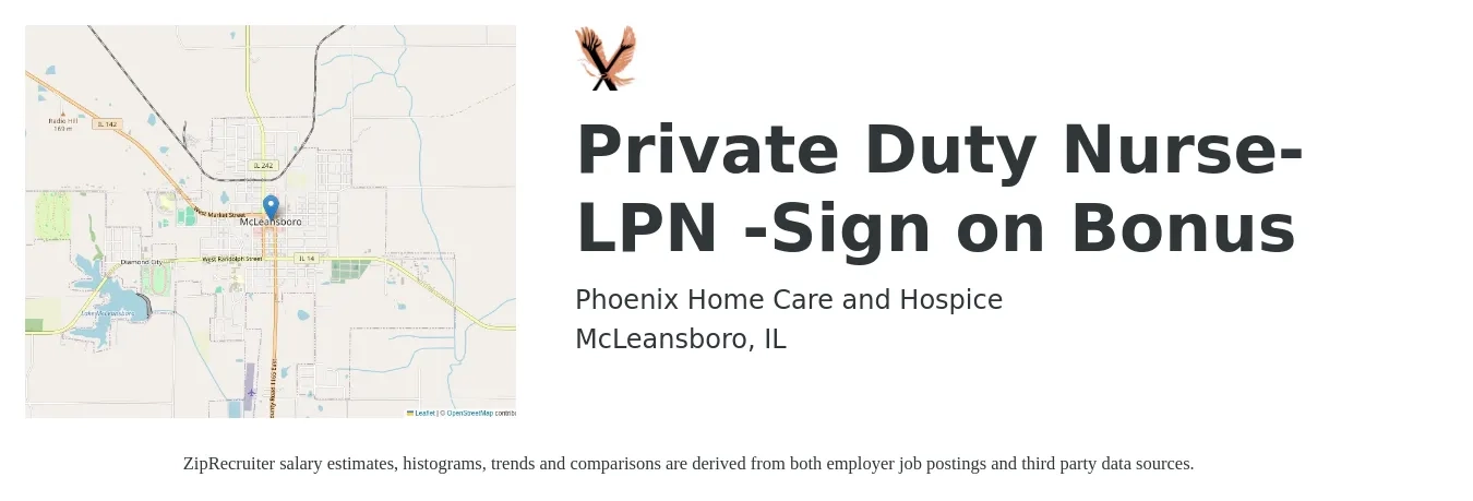 Phoenix Home Care and Hospice job posting for a Private Duty Nurse- LPN -Sign on Bonus in McLeansboro, IL with a salary of $24 to $32 Hourly with a map of McLeansboro location.
