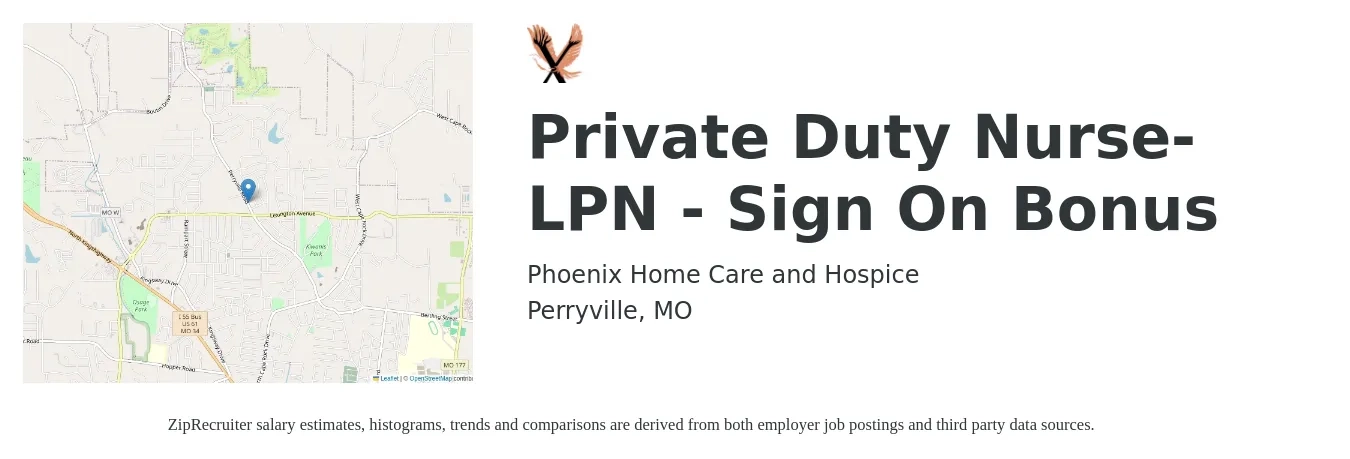 Phoenix Home Care and Hospice job posting for a Private Duty Nurse- LPN - Sign On Bonus in Perryville, MO with a salary of $22 to $28 Hourly with a map of Perryville location.