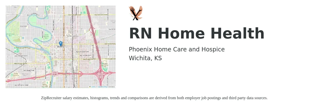 Phoenix Home Care and Hospice job posting for a RN Home Health in Wichita, KS with a salary of $1,420 to $2,130 Weekly with a map of Wichita location.