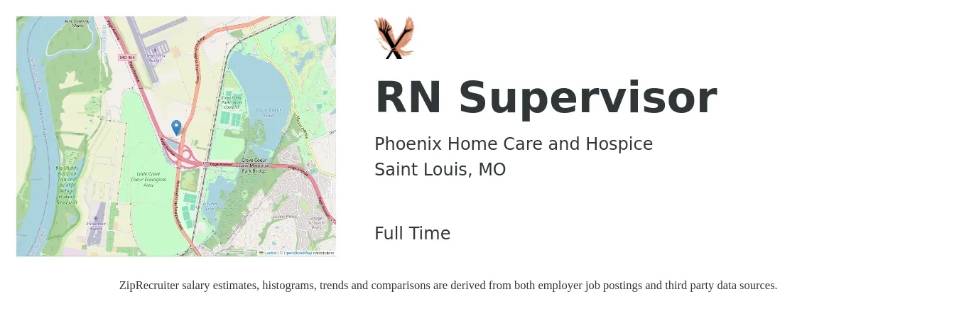 Phoenix Home Care and Hospice job posting for a RN Supervisor in Saint Louis, MO with a salary of $39 to $56 Hourly with a map of Saint Louis location.
