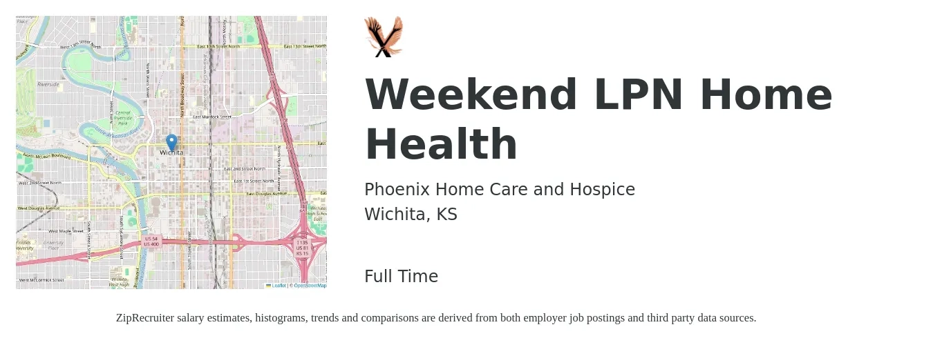 Phoenix Home Care and Hospice job posting for a Weekend LPN Home Health in Wichita, KS with a salary of $23 to $31 Hourly with a map of Wichita location.