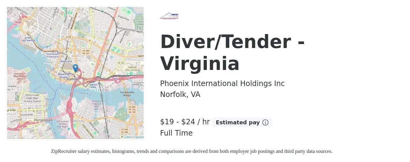 Phoenix International Holdings Inc job posting for a Diver/Tender - Virginia in Norfolk, VA with a salary of $20 to $25 Hourly with a map of Norfolk location.