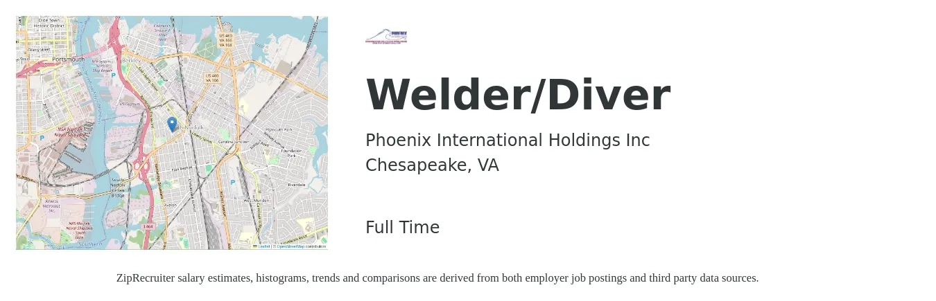 Phoenix International Holdings Inc job posting for a Welder/Diver in Chesapeake, VA with a salary of $18 to $23 Hourly with a map of Chesapeake location.