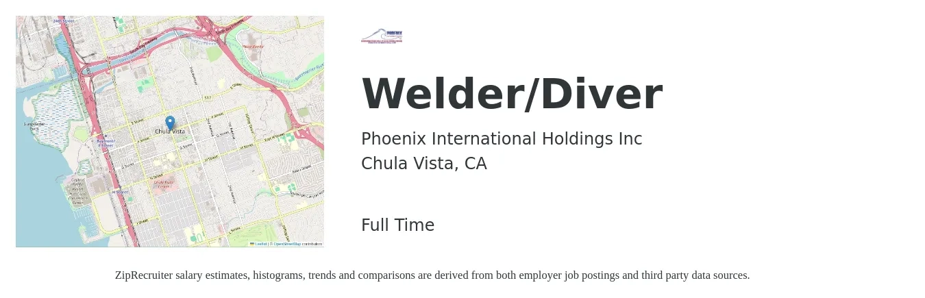 Phoenix International Holdings Inc job posting for a Welder/Diver in Chula Vista, CA with a salary of $20 to $27 Hourly with a map of Chula Vista location.