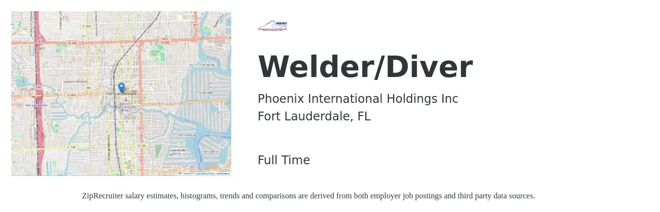 Phoenix International Holdings Inc job posting for a Welder/Diver in Fort Lauderdale, FL with a salary of $18 to $24 Hourly with a map of Fort Lauderdale location.