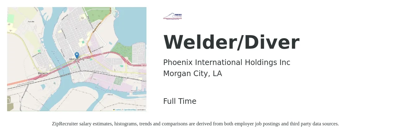 Phoenix International Holdings Inc job posting for a Welder/Diver in Morgan City, LA with a salary of $17 to $22 Hourly with a map of Morgan City location.