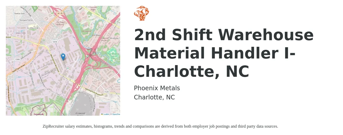 Phoenix Metals job posting for a 2nd Shift Warehouse Material Handler I- Charlotte, NC in Charlotte, NC with a salary of $16 to $20 Hourly with a map of Charlotte location.