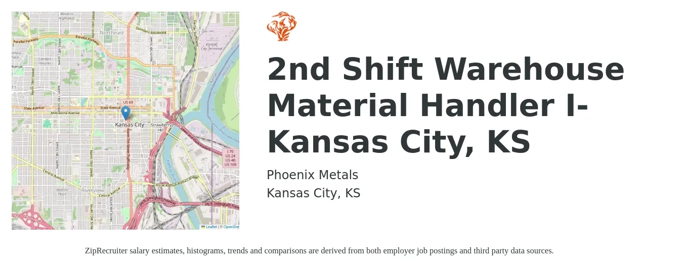 Phoenix Metals job posting for a 2nd Shift Warehouse Material Handler I- Kansas City, KS in Kansas City, KS with a salary of $16 to $20 Hourly with a map of Kansas City location.