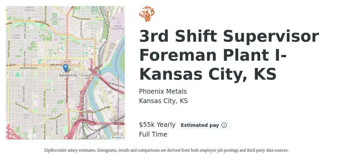 Phoenix Metals job posting for a 3rd Shift Supervisor Foreman Plant I- Kansas City, KS in Kansas City, KS with a salary of $55,000 Yearly with a map of Kansas City location.