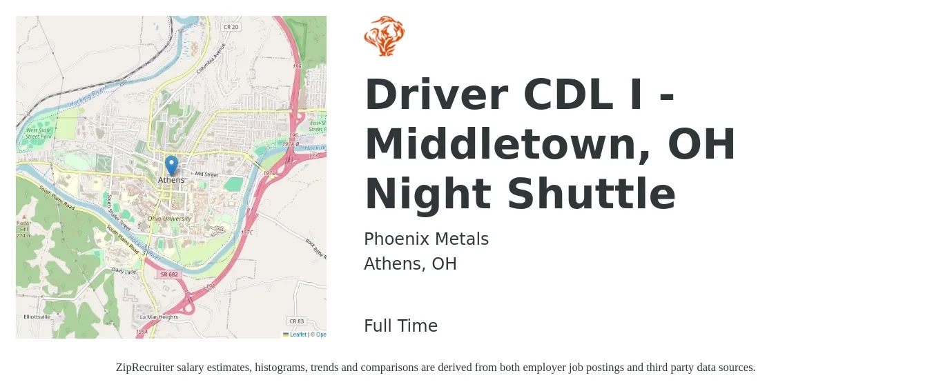 Phoenix Metals job posting for a Driver CDL I - Middletown, OH Night Shuttle in Athens, OH with a salary of $16 to $26 Hourly with a map of Athens location.