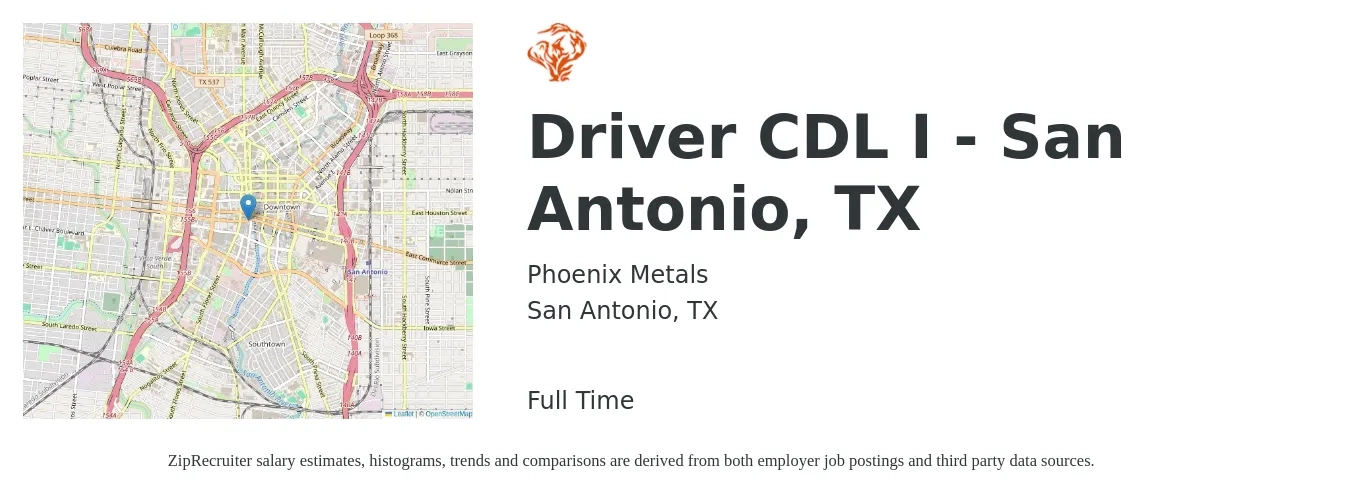 Phoenix Metals job posting for a Driver CDL I - San Antonio, TX in San Antonio, TX with a salary of $22 to $39 Hourly with a map of San Antonio location.