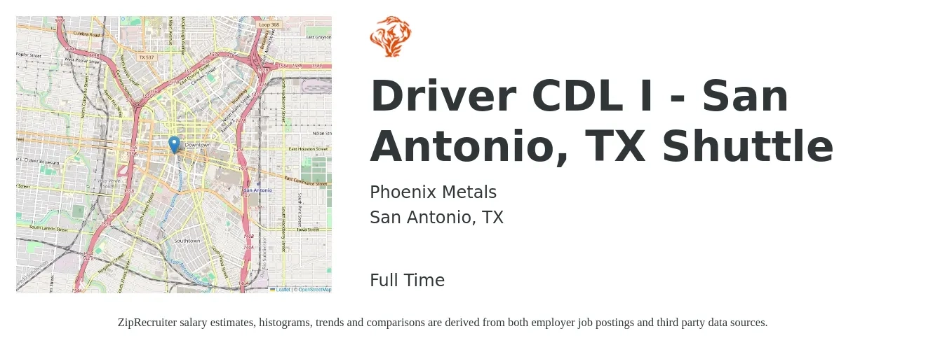 Phoenix Metals job posting for a Driver CDL I - San Antonio, TX Shuttle in San Antonio, TX with a salary of $15 to $24 Hourly with a map of San Antonio location.