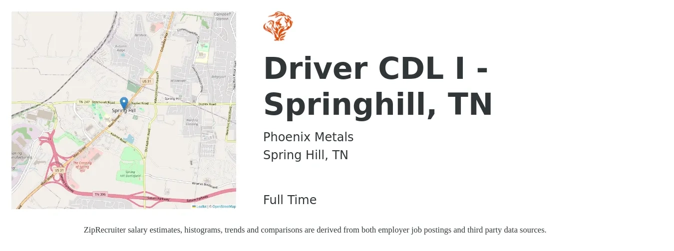 Phoenix Metals job posting for a Driver CDL I - Springhill, TN in Spring Hill, TN with a salary of $24 to $40 Hourly with a map of Spring Hill location.