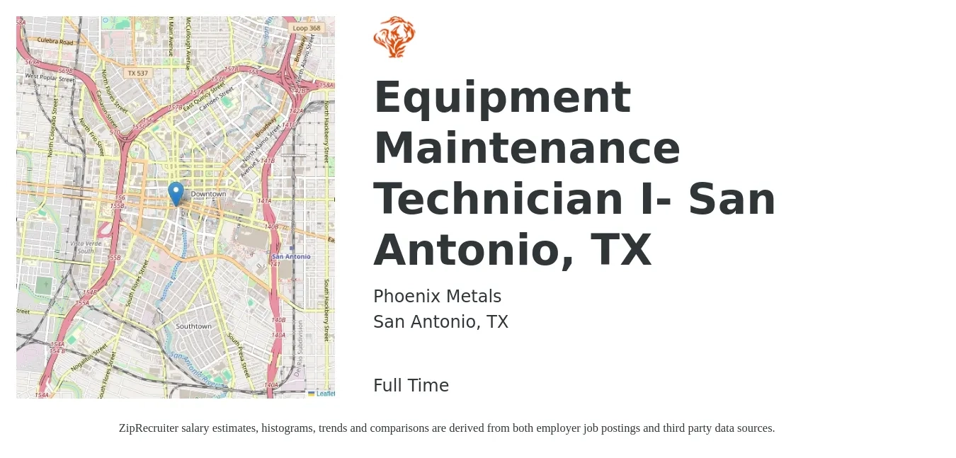 Phoenix Metals job posting for a Equipment Maintenance Technician I- San Antonio, TX in San Antonio, TX with a salary of $20 to $28 Hourly with a map of San Antonio location.
