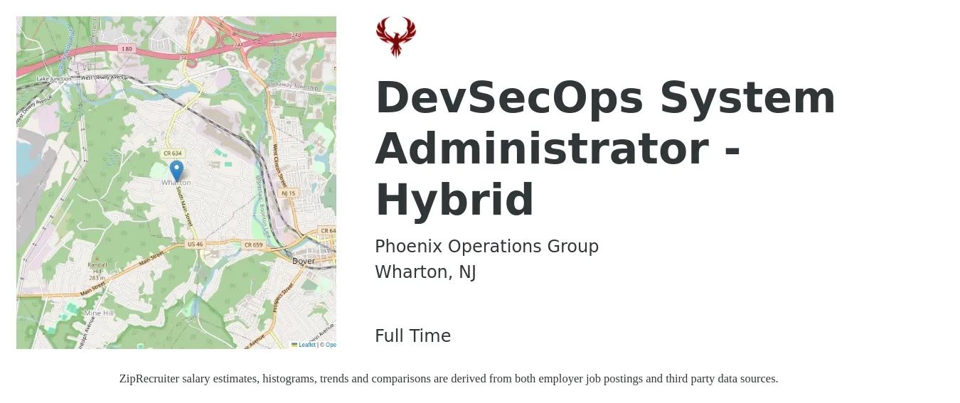Phoenix Operations Group job posting for a DevSecOps System Administrator - Hybrid in Wharton, NJ with a salary of $72,900 to $108,300 Yearly with a map of Wharton location.