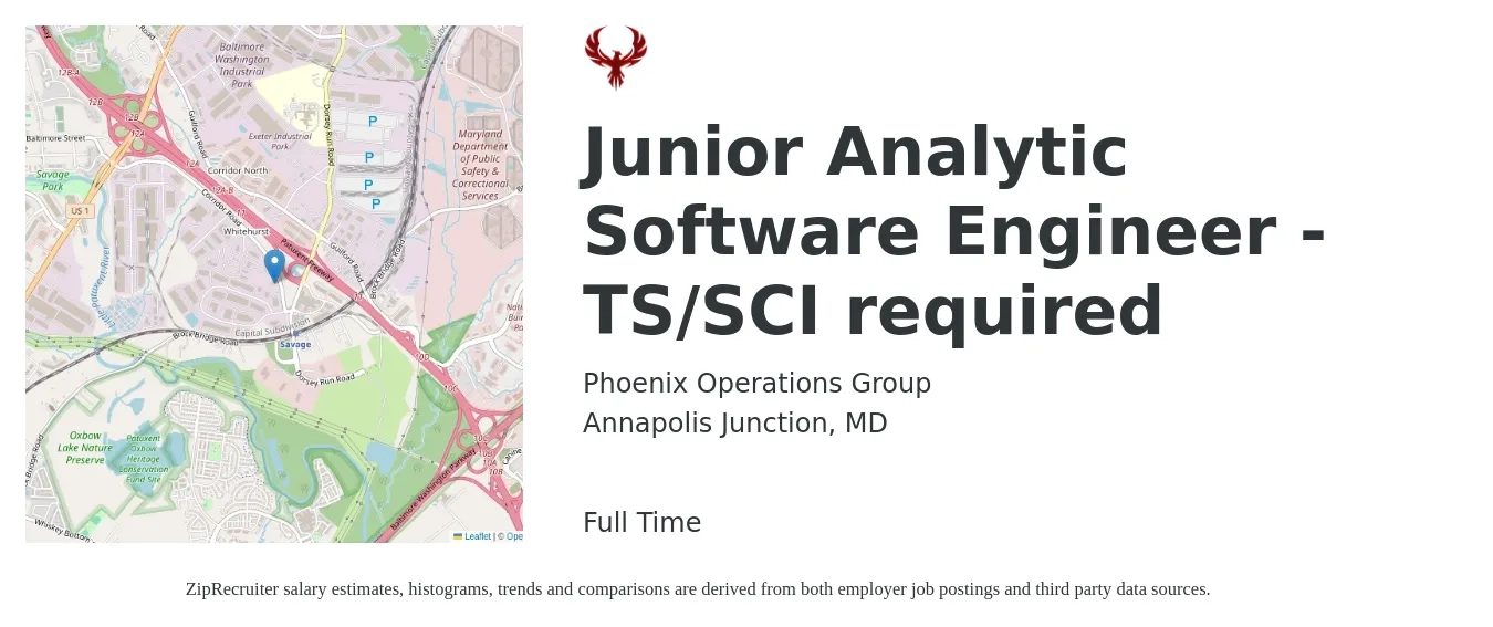 Phoenix Operations Group job posting for a Junior Analytic Software Engineer - TS/SCI required in Annapolis Junction, MD with a salary of $74,600 to $97,600 Yearly with a map of Annapolis Junction location.