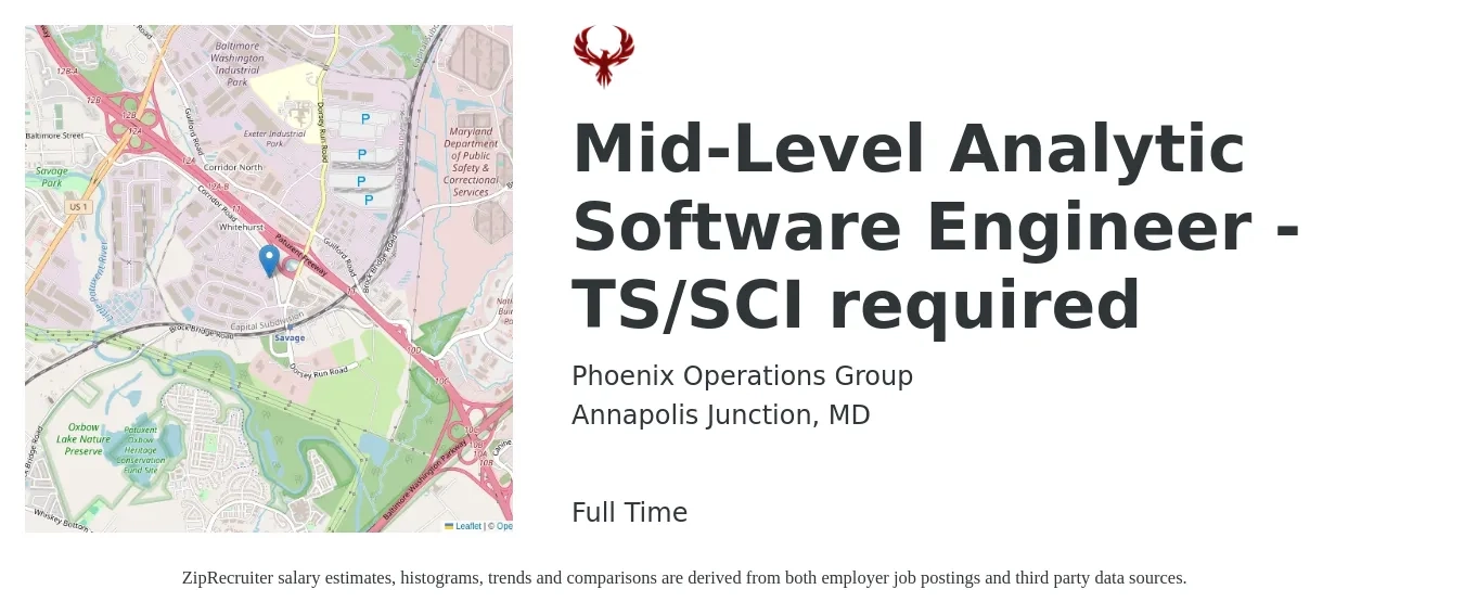 Phoenix Operations Group job posting for a Mid-Level Analytic Software Engineer - TS/SCI required in Annapolis Junction, MD with a salary of $122,600 to $176,800 Yearly with a map of Annapolis Junction location.