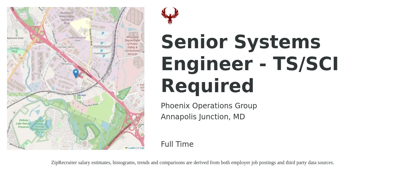 Phoenix Operations Group job posting for a Senior Systems Engineer - TS/SCI Required in Annapolis Junction, MD with a salary of $106,800 to $146,100 Yearly with a map of Annapolis Junction location.