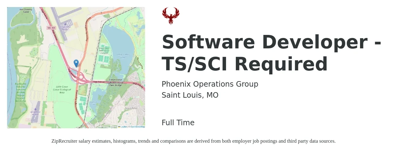 Phoenix Operations Group job posting for a Software Developer - TS/SCI Required in Saint Louis, MO with a salary of $84,300 to $121,800 Yearly with a map of Saint Louis location.