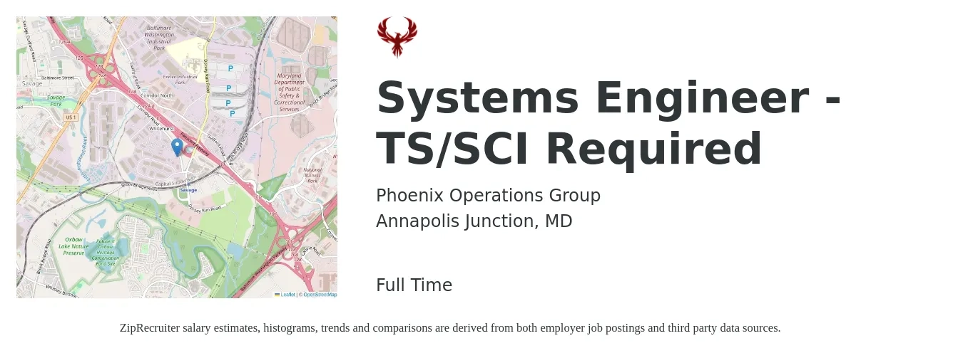 Phoenix Operations Group job posting for a Systems Engineer - TS/SCI Required in Annapolis Junction, MD with a salary of $100,100 to $160,400 Yearly with a map of Annapolis Junction location.