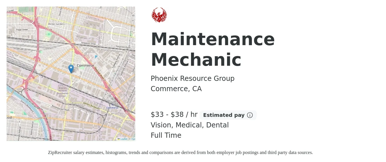 Phoenix Resource Group job posting for a Maintenance Mechanic in Commerce, CA with a salary of $35 to $40 Hourly and benefits including medical, retirement, vision, dental, and life_insurance with a map of Commerce location.