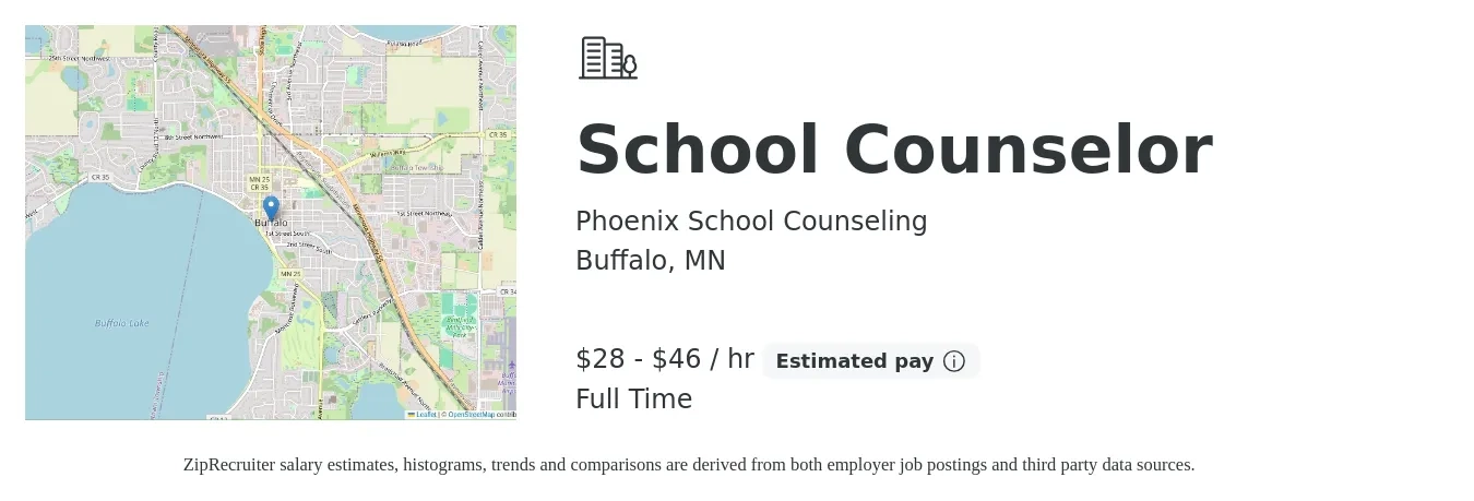 Phoenix School Counseling job posting for a School Counselor in Buffalo, MN with a salary of $30 to $48 Hourly with a map of Buffalo location.