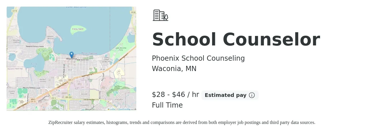 Phoenix School Counseling job posting for a School Counselor in Waconia, MN with a salary of $30 to $48 Hourly with a map of Waconia location.