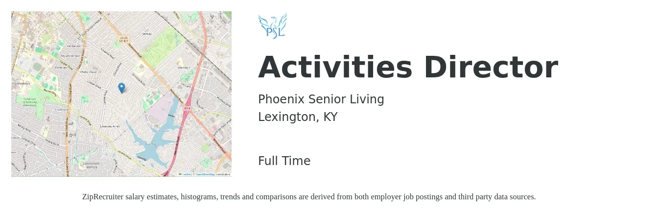 Phoenix Senior Living job posting for a Activities Director in Lexington, KY with a salary of $17 to $23 Hourly with a map of Lexington location.