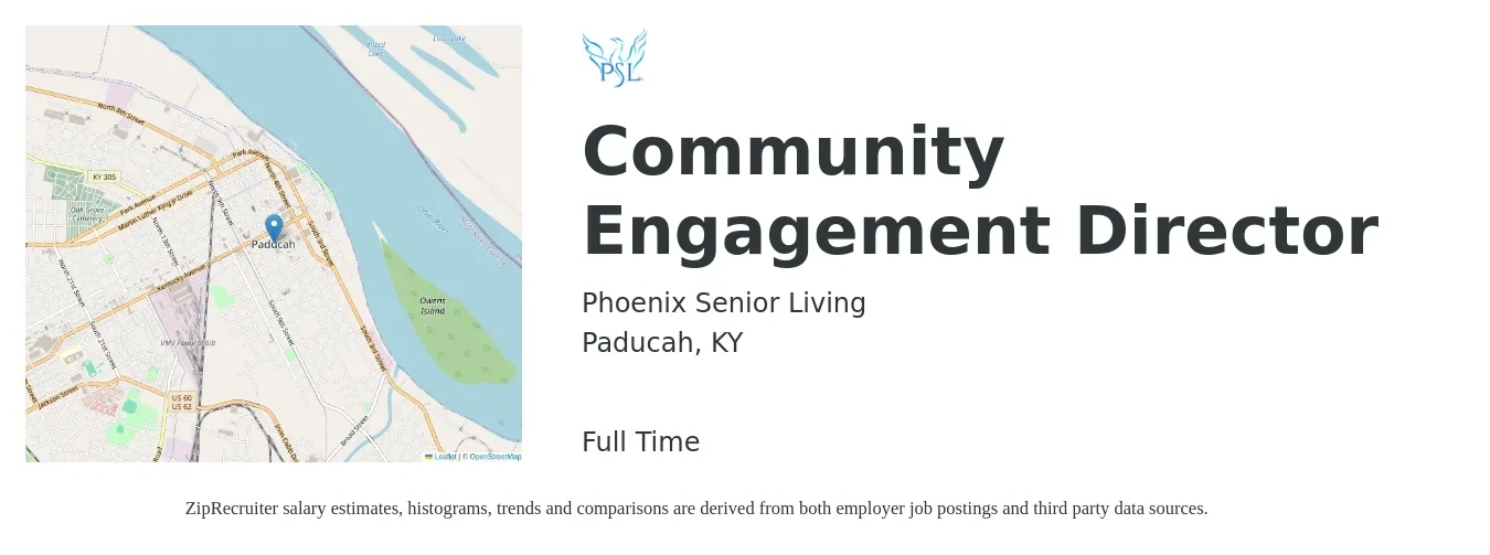 Phoenix Senior Living job posting for a Community Engagement Director in Paducah, KY with a salary of $40,800 to $67,500 Yearly with a map of Paducah location.