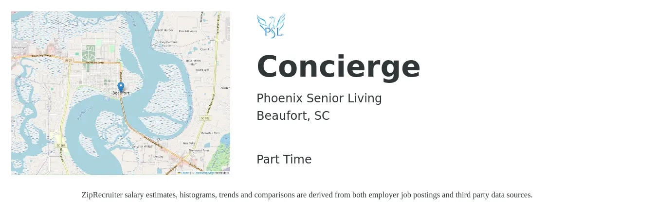 Phoenix Senior Living job posting for a Concierge in Beaufort, SC with a salary of $14 to $18 Hourly with a map of Beaufort location.