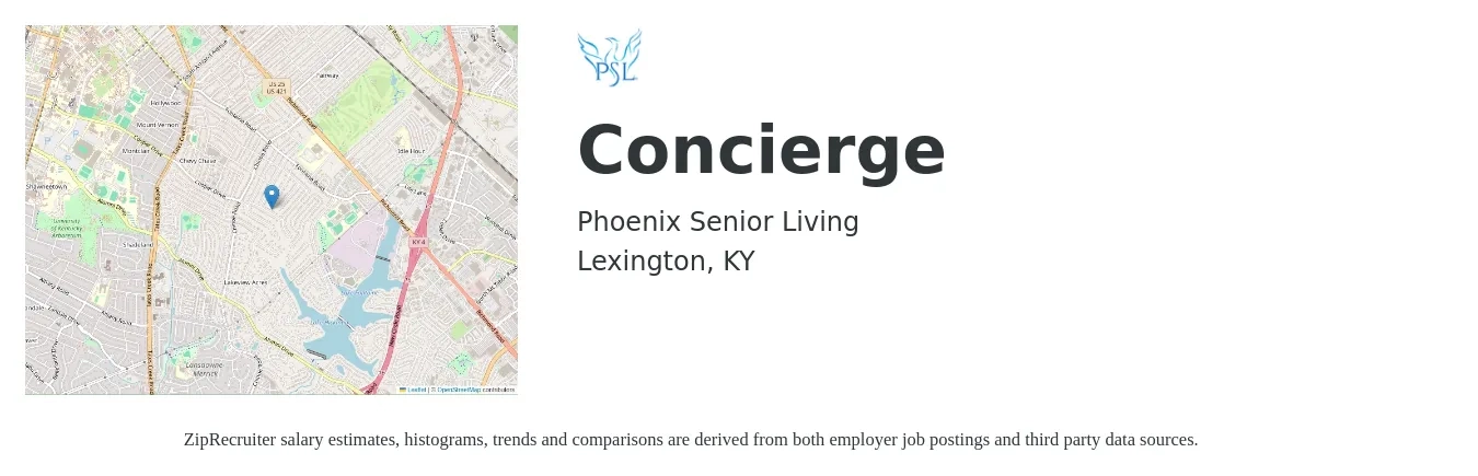 Phoenix Senior Living job posting for a Concierge in Lexington, KY with a salary of $14 to $18 Hourly with a map of Lexington location.