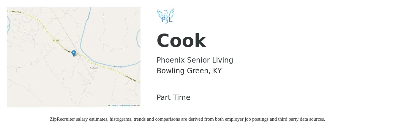 Phoenix Senior Living job posting for a Cook in Bowling Green, KY with a salary of $12 to $16 Hourly with a map of Bowling Green location.