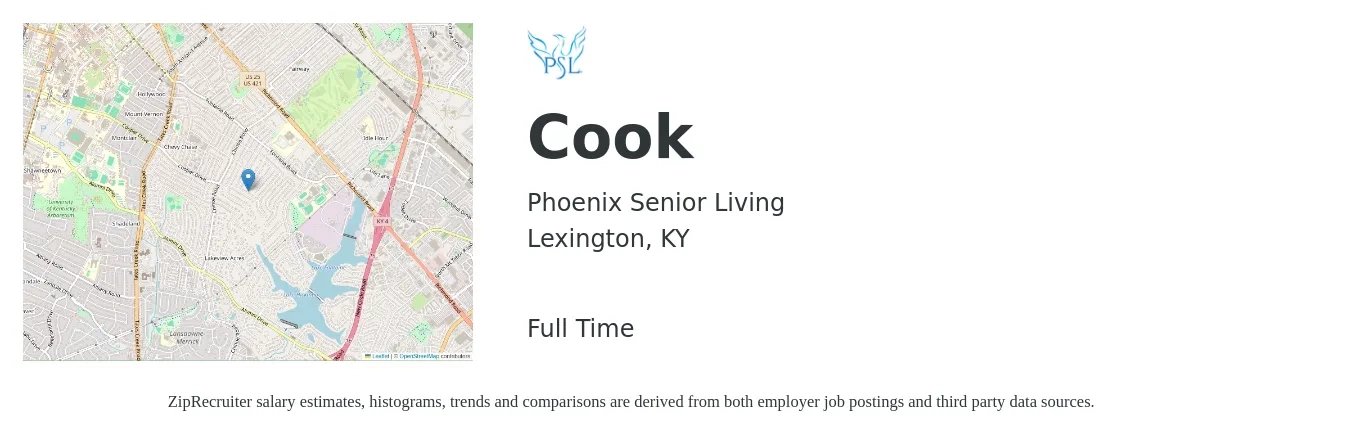Phoenix Senior Living job posting for a Cook in Lexington, KY with a salary of $12 to $16 Hourly with a map of Lexington location.