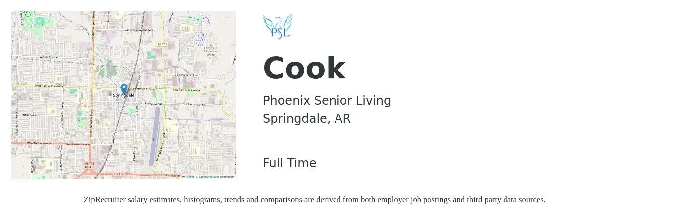 Phoenix Senior Living job posting for a Cook in Springdale, AR with a salary of $12 to $16 Hourly with a map of Springdale location.