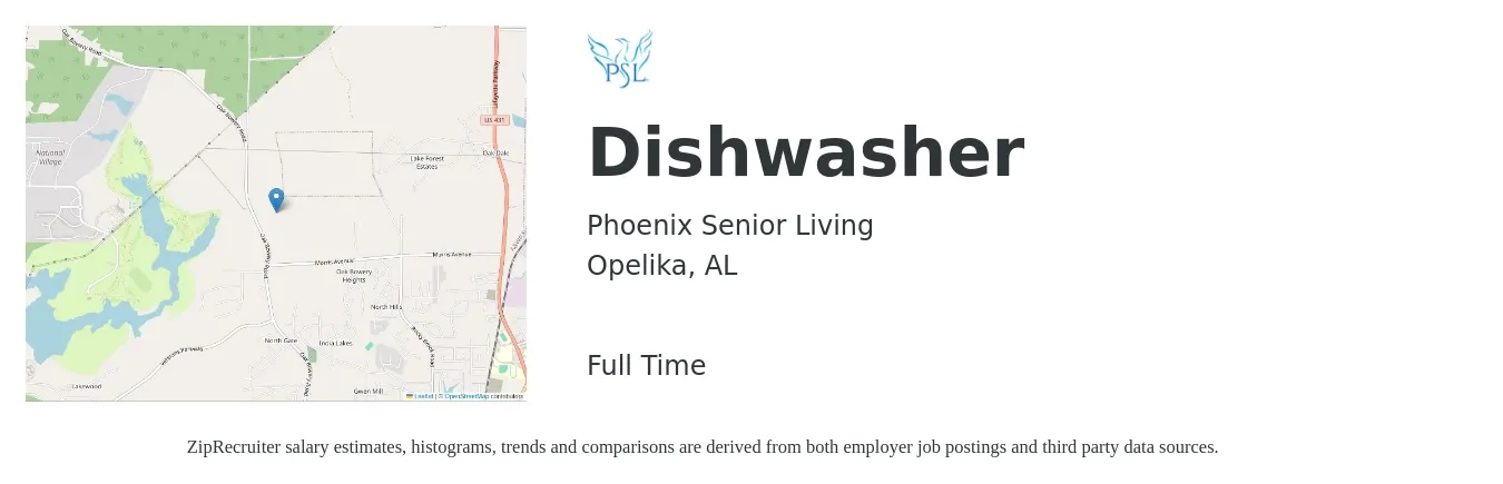 Phoenix Senior Living job posting for a Dishwasher in Opelika, AL with a salary of $11 to $14 Hourly with a map of Opelika location.