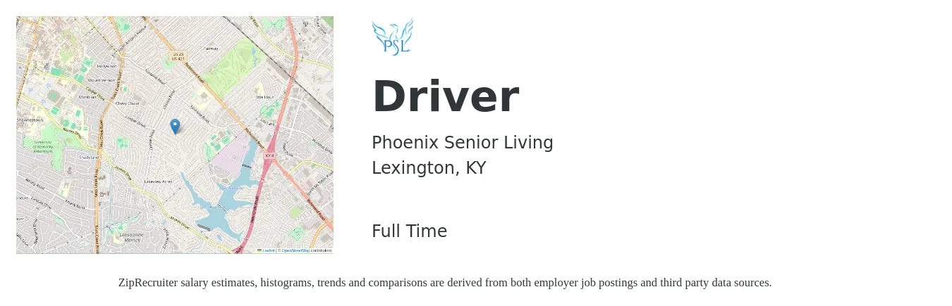 Phoenix Senior Living job posting for a Driver in Lexington, KY with a salary of $13 to $18 Hourly with a map of Lexington location.