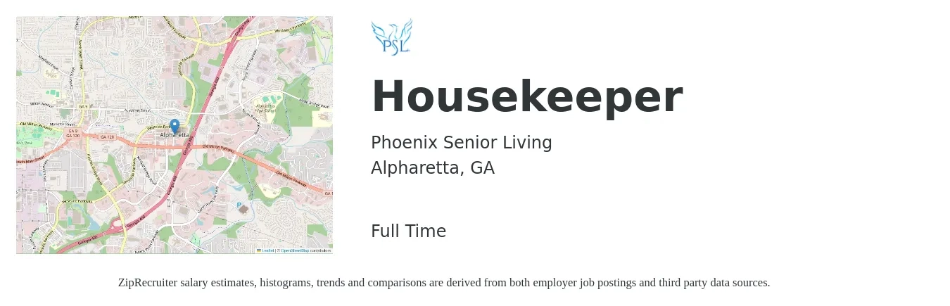 Phoenix Senior Living job posting for a Housekeeper in Alpharetta, GA with a salary of $13 to $17 Hourly with a map of Alpharetta location.