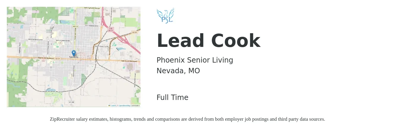 Phoenix Senior Living job posting for a Lead Cook in Nevada, MO with a salary of $15 to $19 Hourly with a map of Nevada location.