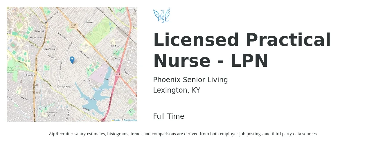 Phoenix Senior Living job posting for a Licensed Practical Nurse - LPN in Lexington, KY with a salary of $23 to $31 Hourly with a map of Lexington location.
