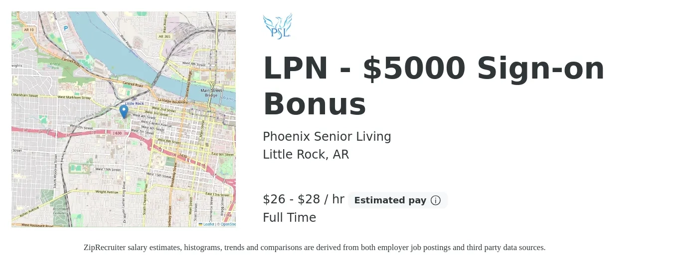 Phoenix Senior Living job posting for a LPN - $5000 Sign-on Bonus in Little Rock, AR with a salary of $28 to $30 Hourly with a map of Little Rock location.