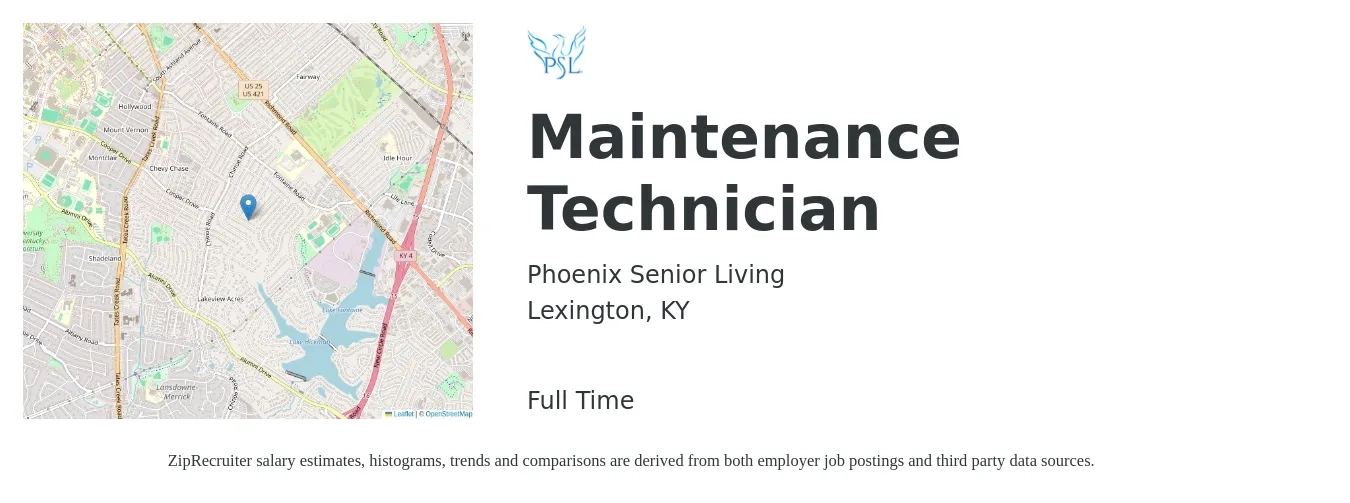 Phoenix Senior Living job posting for a Maintenance Technician in Lexington, KY with a salary of $17 to $24 Hourly with a map of Lexington location.