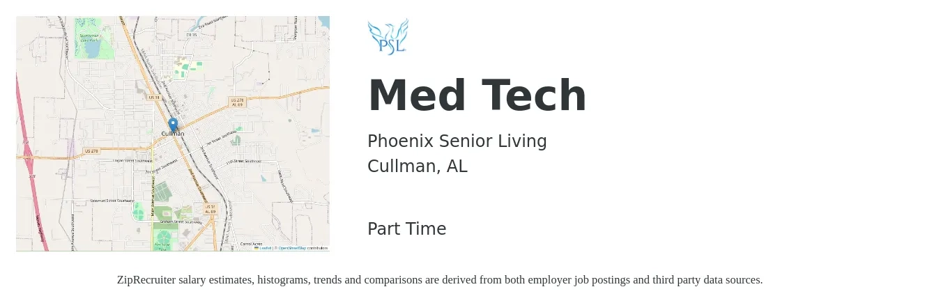 Phoenix Senior Living job posting for a Med Tech in Cullman, AL with a salary of $20 to $40 Hourly with a map of Cullman location.