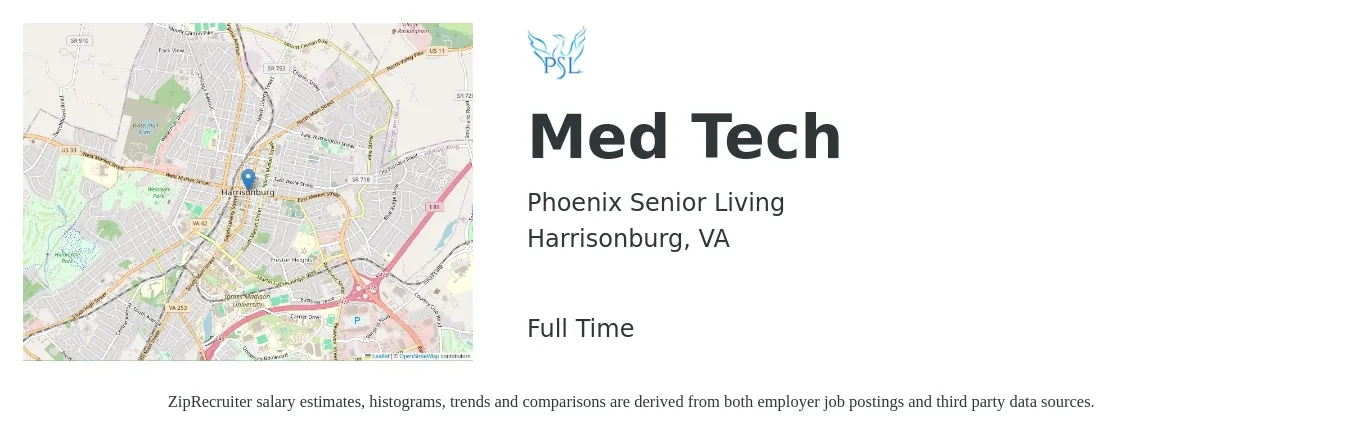 Phoenix Senior Living job posting for a Med Tech in Harrisonburg, VA with a salary of $22 to $42 Hourly with a map of Harrisonburg location.