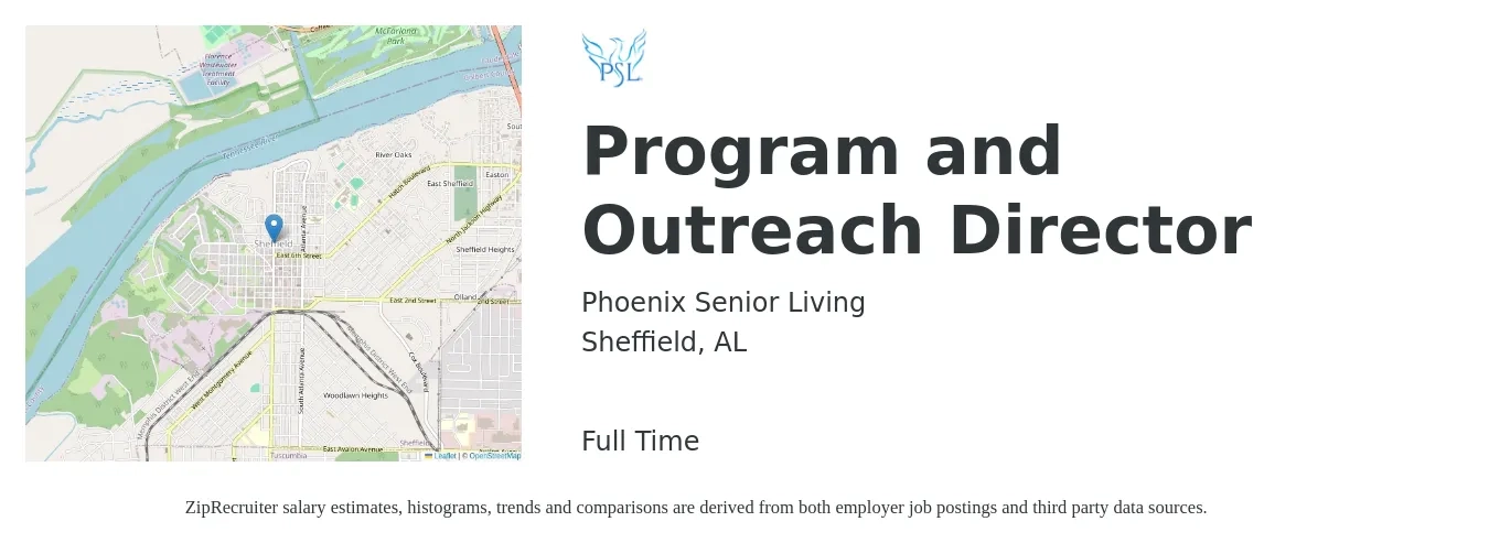 Phoenix Senior Living job posting for a Program and Outreach Director in Sheffield, AL with a salary of $59,500 to $88,600 Yearly with a map of Sheffield location.