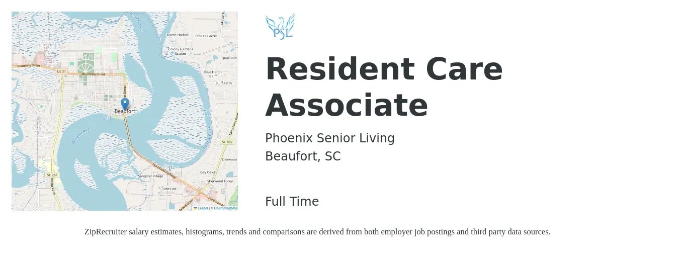 Phoenix Senior Living job posting for a Resident Care Associate in Beaufort, SC with a salary of $14 to $16 Hourly with a map of Beaufort location.
